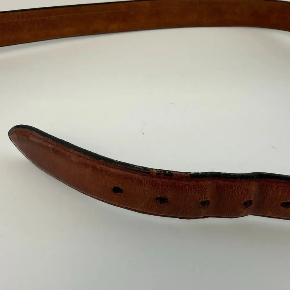 Men's Brown Solid and Inlaid Braid Leather Belt Brass Buckle Vintage? Medium 38